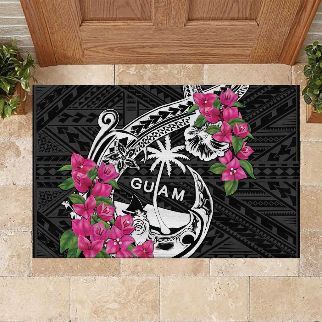 Guam Chamorro Rubber Doormat Bougainvillea Black Polynesian Tribal Pattern