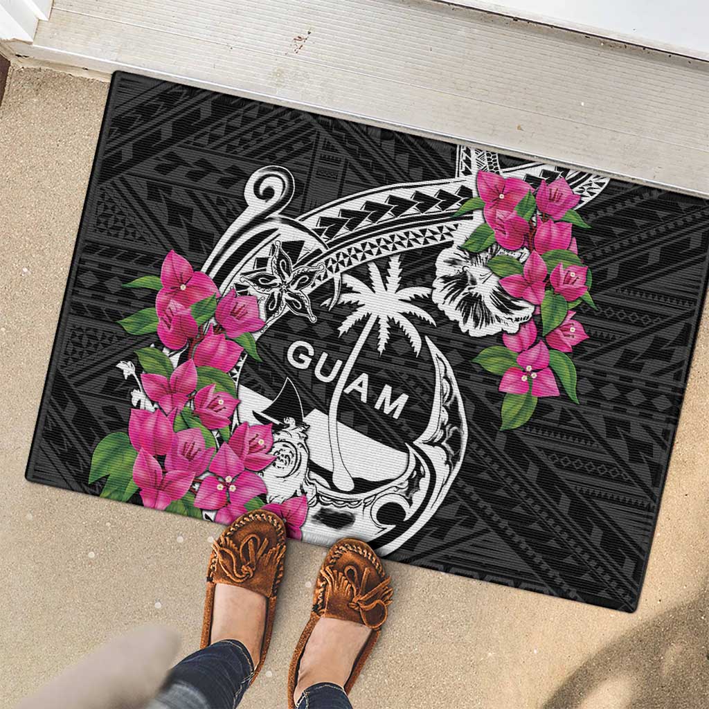Guam Chamorro Rubber Doormat Bougainvillea Black Polynesian Tribal Pattern