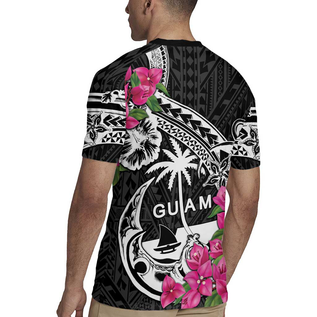 Guam Chamorro Rugby Jersey Bougainvillea Black Polynesian Tribal Pattern