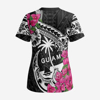 Guam Chamorro Scrub Top Bougainvillea Black Polynesian Tribal Pattern - Polynesian Pride