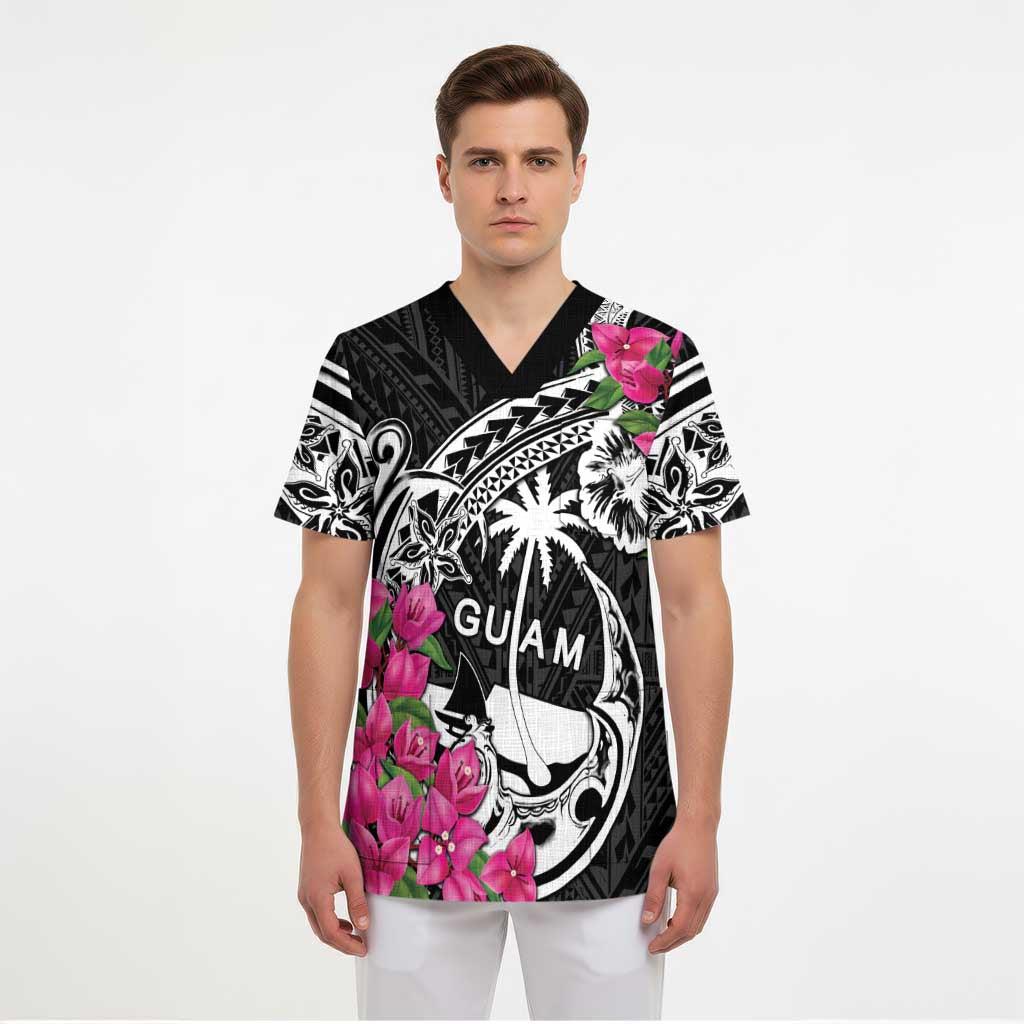 Guam Chamorro Scrub Top Bougainvillea Black Polynesian Tribal Pattern - Polynesian Pride
