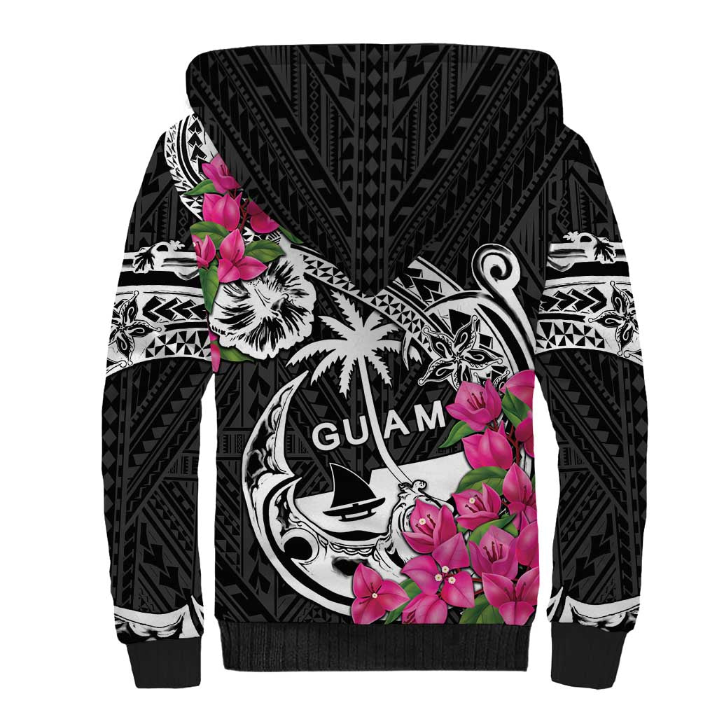 Guam Chamorro Sherpa Hoodie Bougainvillea Black Polynesian Tribal Pattern