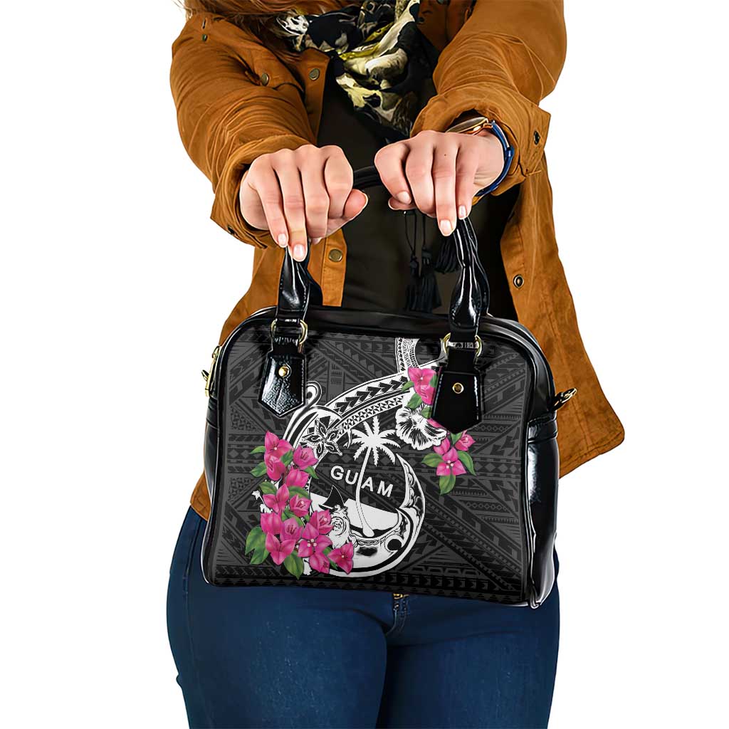 Guam Chamorro Shoulder Handbag Bougainvillea Black Polynesian Tribal Pattern