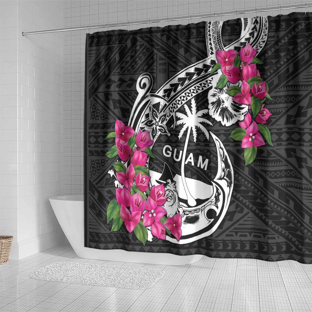 Guam Chamorro Shower Curtain Bougainvillea Black Polynesian Tribal Pattern