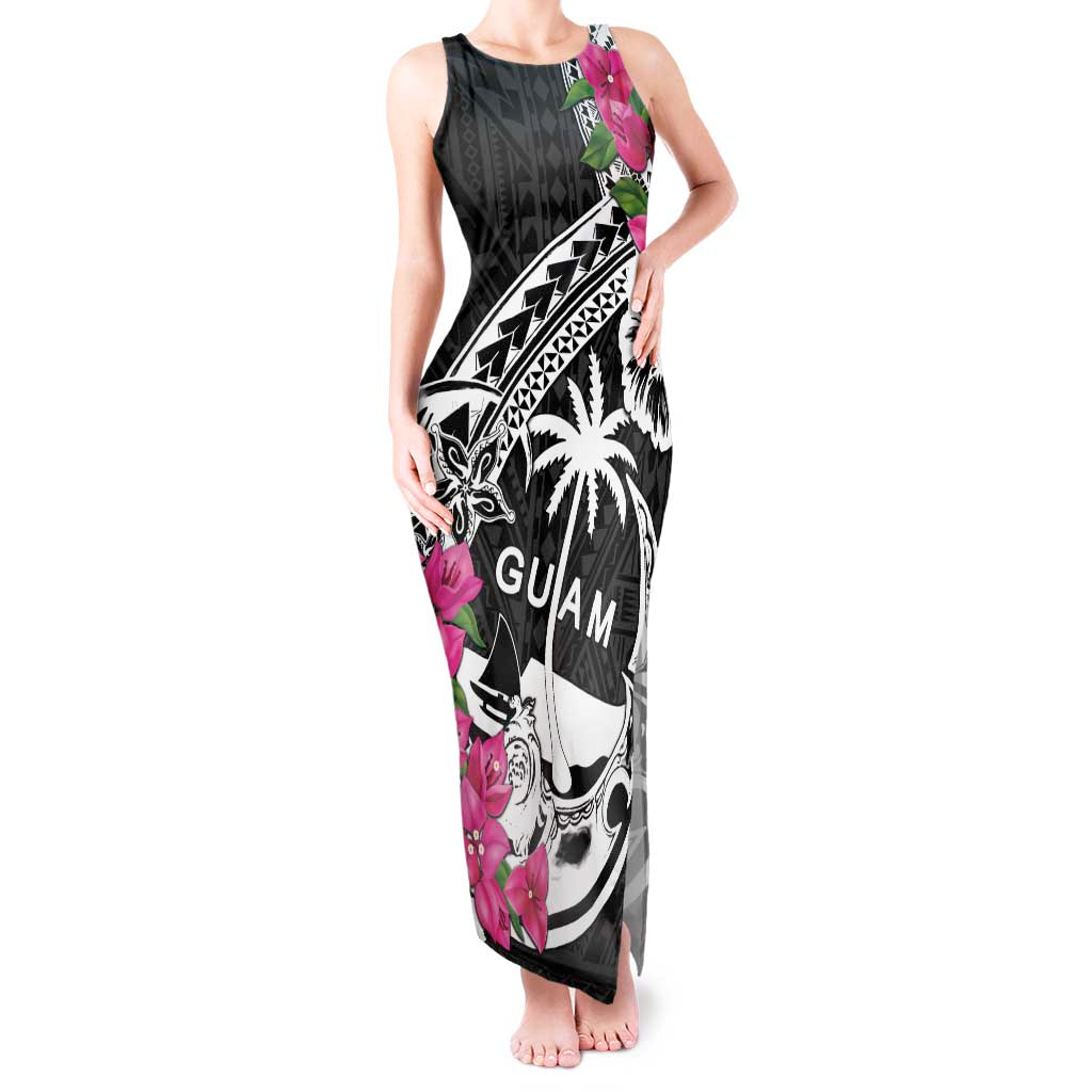 Guam Chamorro Tank Maxi Dress Bougainvillea Black Polynesian Tribal Pattern