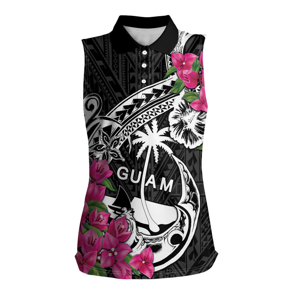 Guam Chamorro Women Sleeveless Polo Shirt Bougainvillea Black Polynesian Tribal Pattern