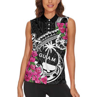 Guam Chamorro Women Sleeveless Polo Shirt Bougainvillea Black Polynesian Tribal Pattern