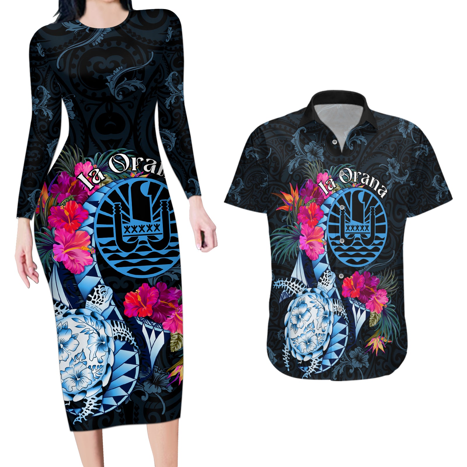 Tahiti Ia Orana Couples Matching Long Sleeve Bodycon Dress and Hawaiian Shirt Polynesian Turtle With Coat Of Arms LT05 Blue - Polynesian Pride