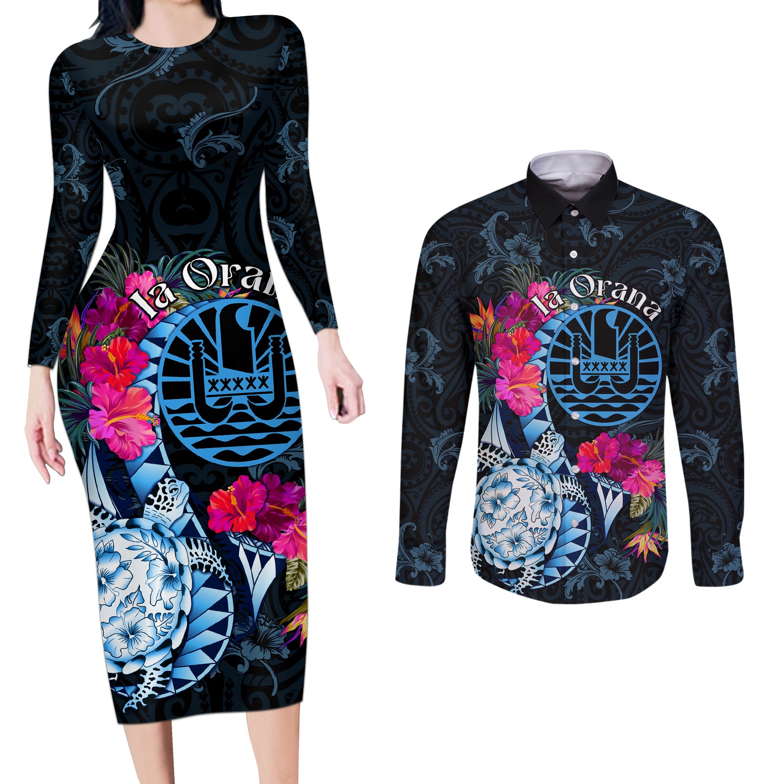 Tahiti Ia Orana Couples Matching Long Sleeve Bodycon Dress and Long Sleeve Button Shirt Polynesian Turtle With Coat Of Arms LT05 Blue - Polynesian Pride