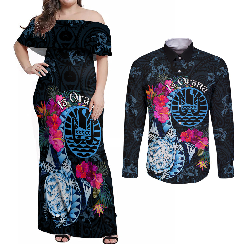 Tahiti Ia Orana Couples Matching Off Shoulder Maxi Dress and Long Sleeve Button Shirt Polynesian Turtle With Coat Of Arms LT05 Blue - Polynesian Pride