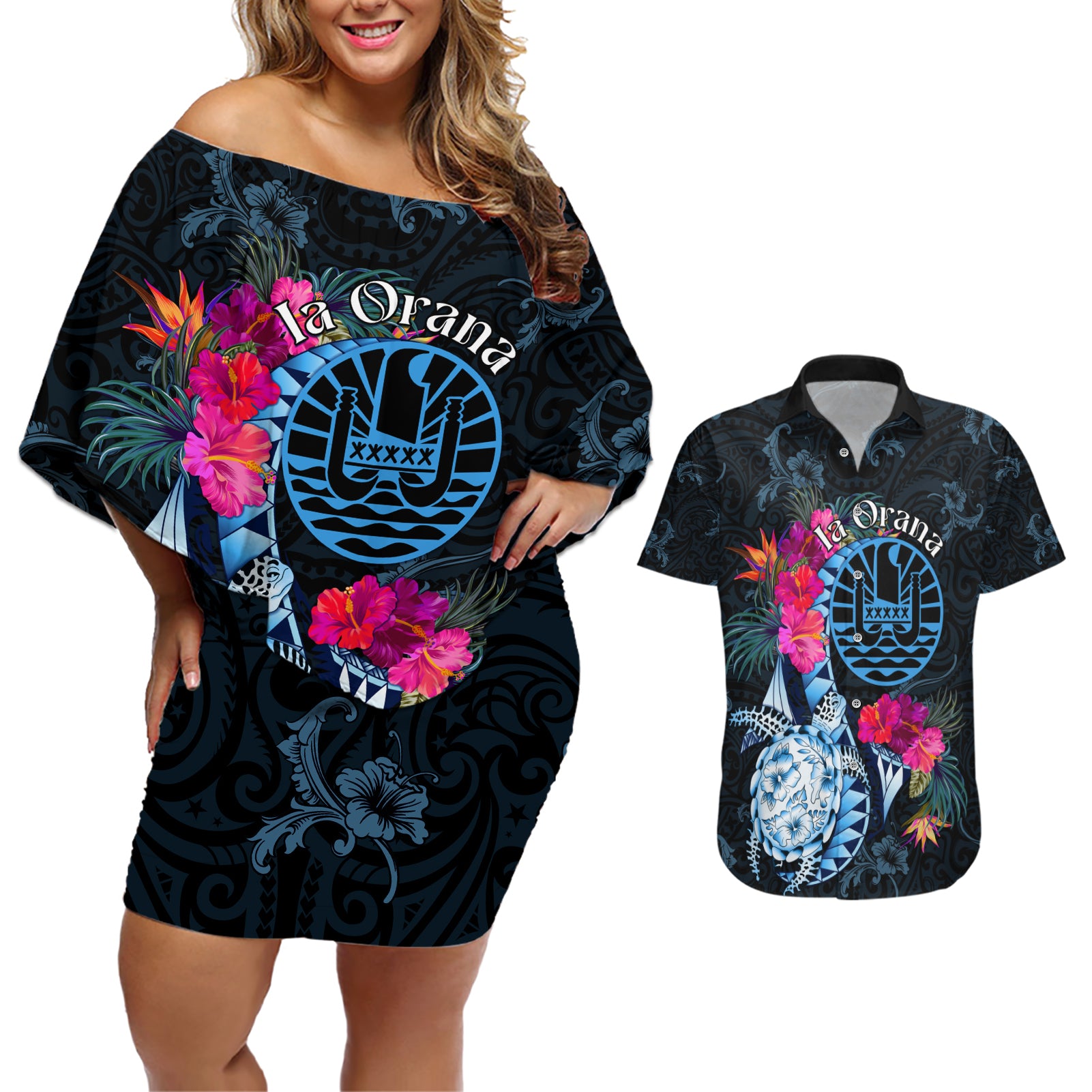 Tahiti Ia Orana Couples Matching Off Shoulder Short Dress and Hawaiian Shirt Polynesian Turtle With Coat Of Arms LT05 Blue - Polynesian Pride