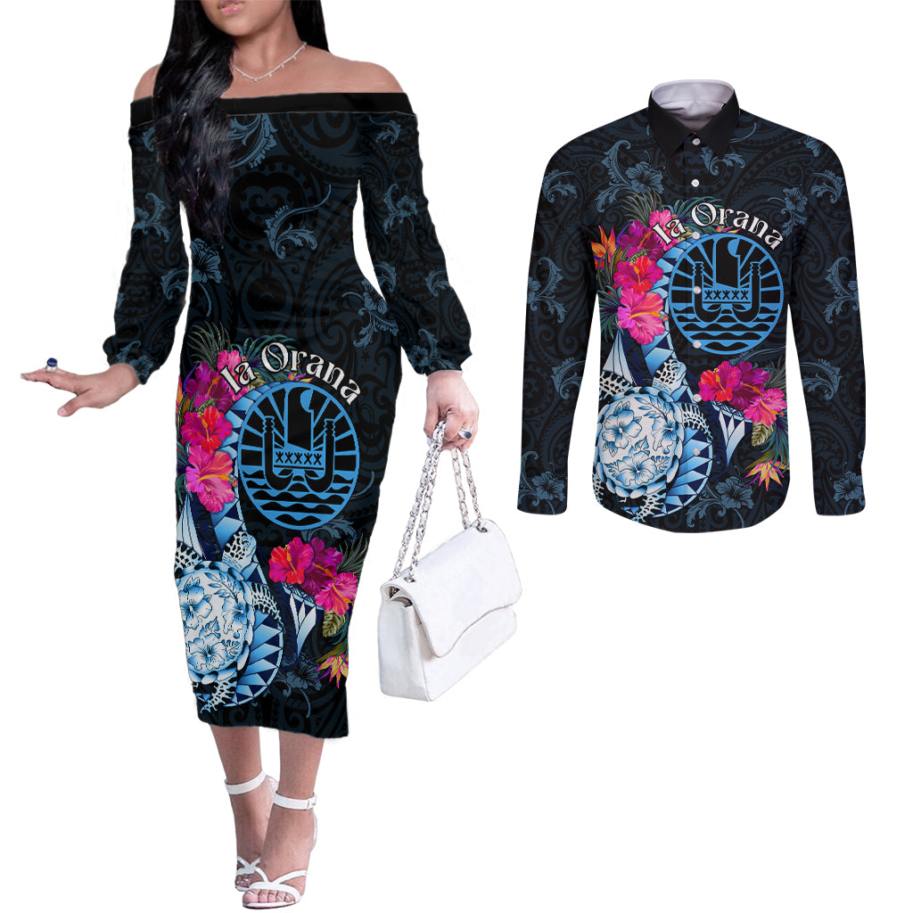 Tahiti Ia Orana Couples Matching Off The Shoulder Long Sleeve Dress and Long Sleeve Button Shirt Polynesian Turtle With Coat Of Arms LT05 Blue - Polynesian Pride