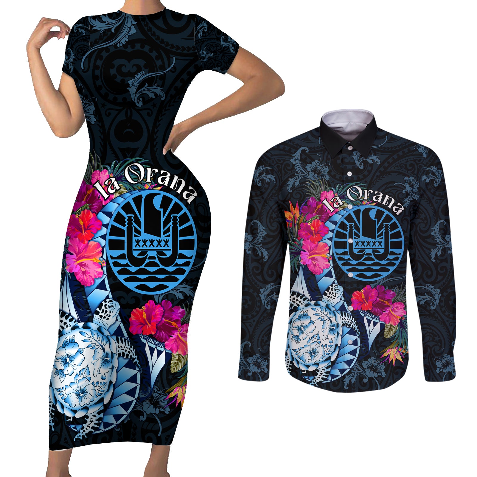 Tahiti Ia Orana Couples Matching Short Sleeve Bodycon Dress and Long Sleeve Button Shirt Polynesian Turtle With Coat Of Arms LT05 Blue - Polynesian Pride
