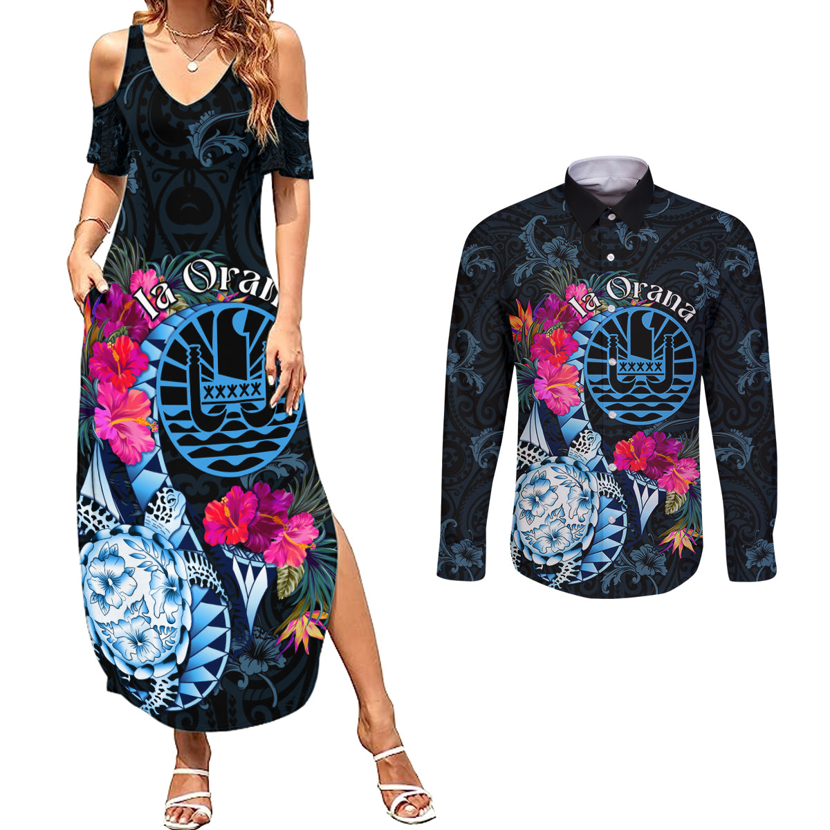 Tahiti Ia Orana Couples Matching Summer Maxi Dress and Long Sleeve Button Shirt Polynesian Turtle With Coat Of Arms LT05 Blue - Polynesian Pride