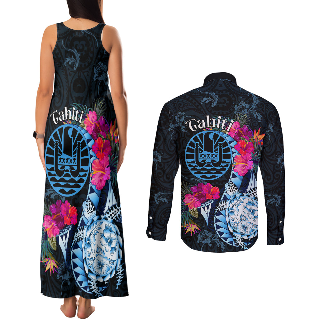 Tahiti Ia Orana Couples Matching Tank Maxi Dress and Long Sleeve Button Shirt Polynesian Turtle With Coat Of Arms LT05 - Polynesian Pride
