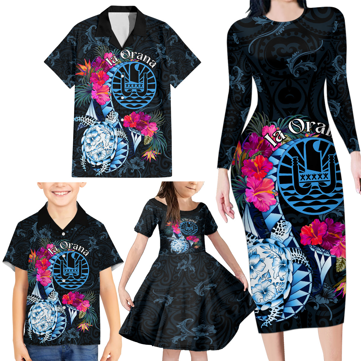 Tahiti Ia Orana Family Matching Long Sleeve Bodycon Dress and Hawaiian Shirt Polynesian Turtle With Coat Of Arms LT05 - Polynesian Pride