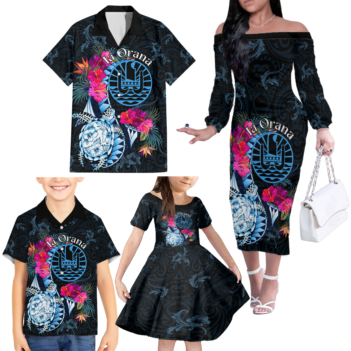 Tahiti Ia Orana Family Matching Off Shoulder Long Sleeve Dress and Hawaiian Shirt Polynesian Turtle With Coat Of Arms LT05 - Polynesian Pride