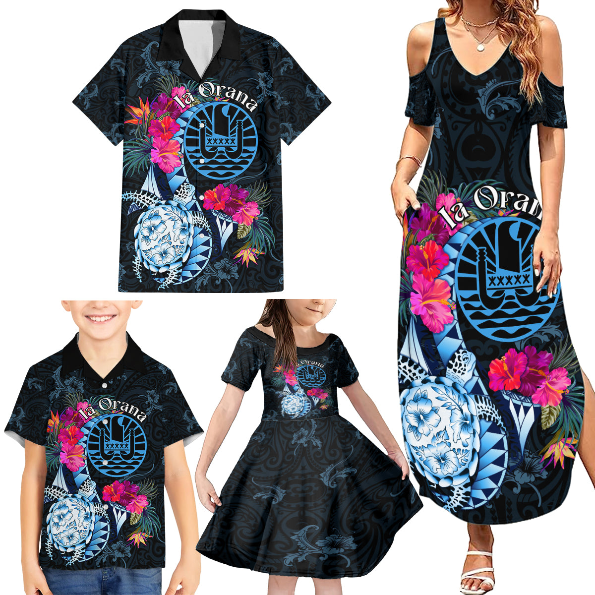 Tahiti Ia Orana Family Matching Summer Maxi Dress and Hawaiian Shirt Polynesian Turtle With Coat Of Arms LT05 - Polynesian Pride