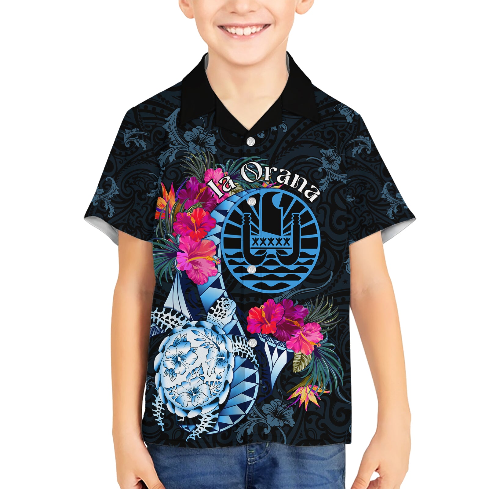 Tahiti Ia Orana Kid Hawaiian Shirt Polynesian Turtle With Coat Of Arms LT05 Kid Blue - Polynesian Pride