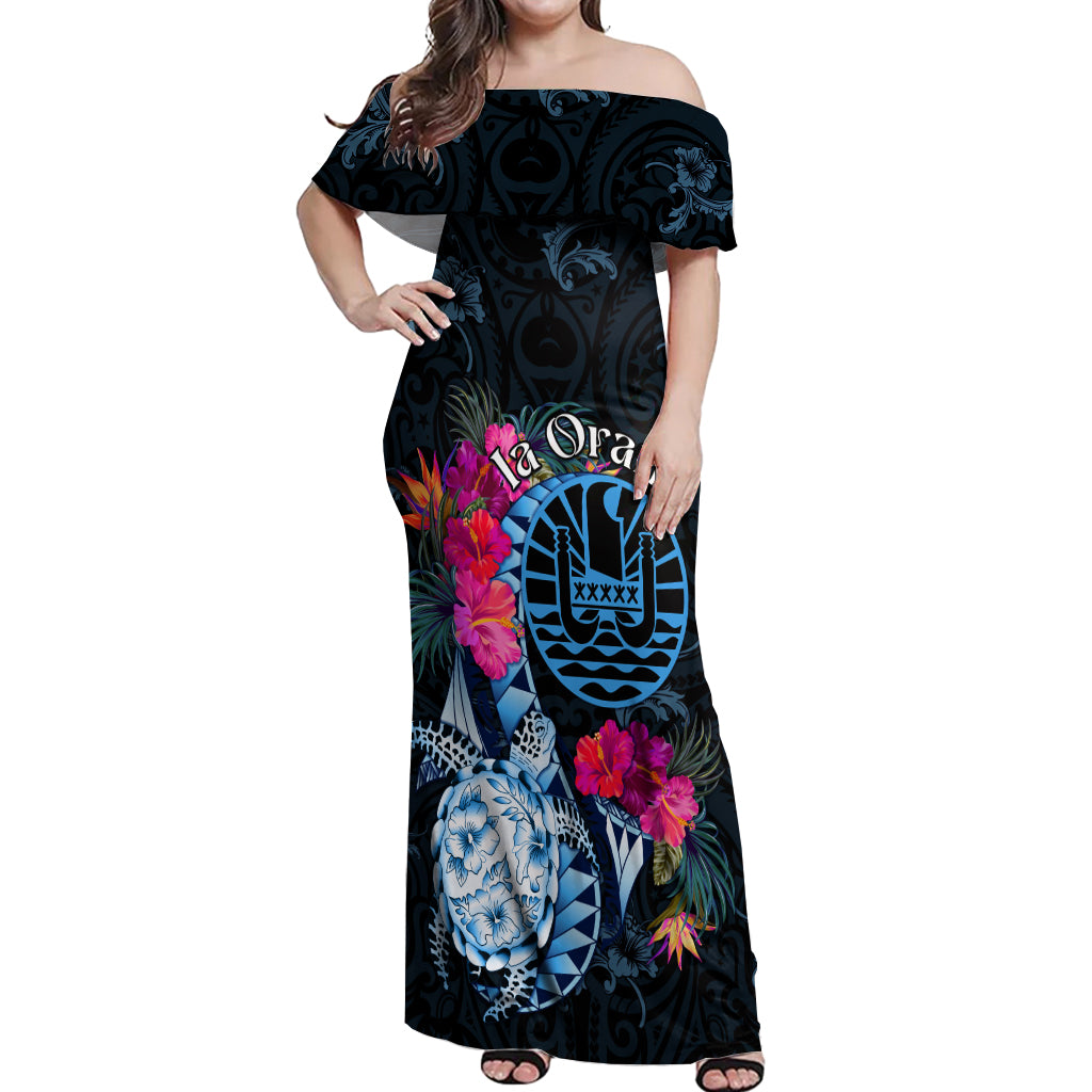 Tahiti Ia Orana Off Shoulder Maxi Dress Polynesian Turtle With Coat Of Arms LT05 Women Blue - Polynesian Pride