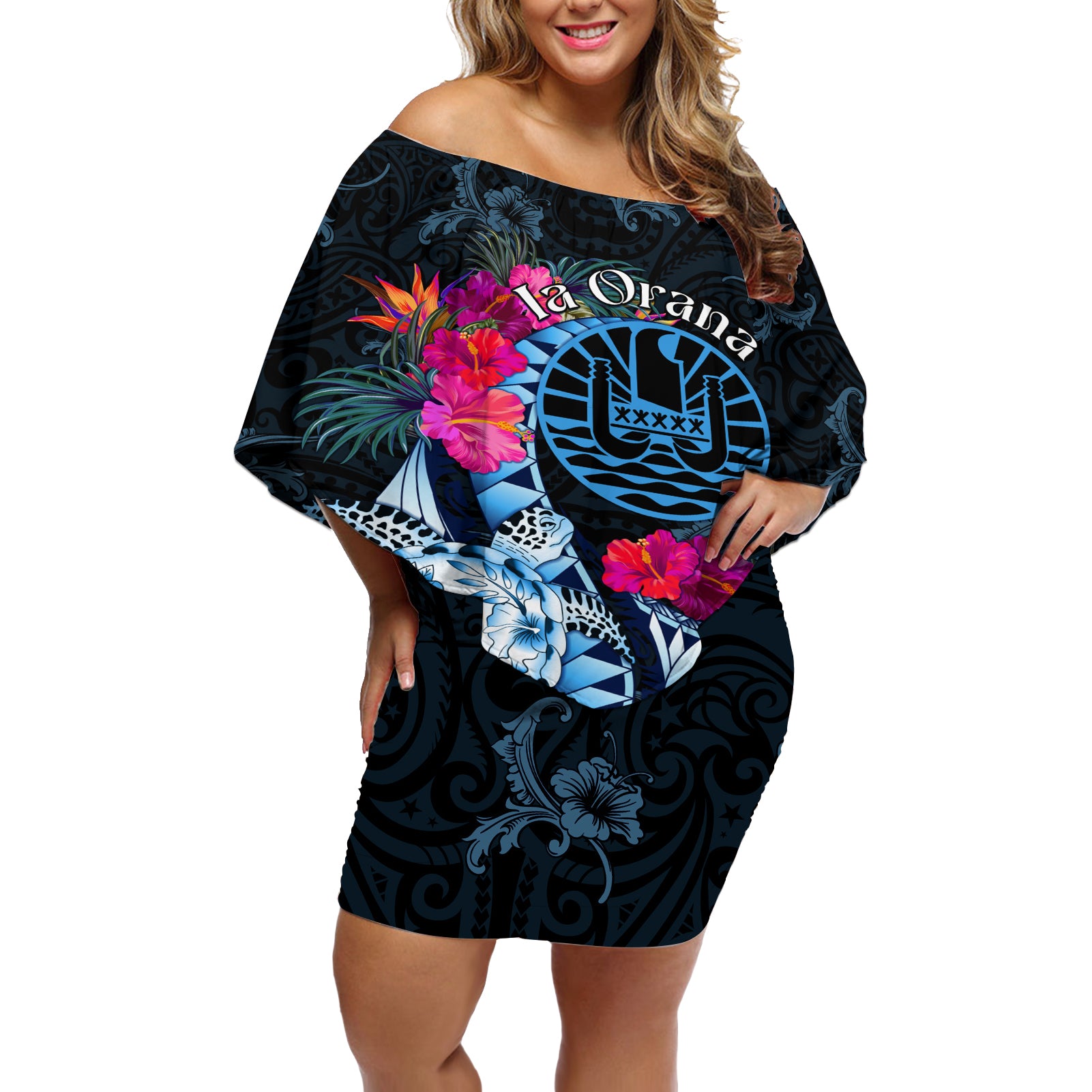 Tahiti Ia Orana Off Shoulder Short Dress Polynesian Turtle With Coat Of Arms LT05 Women Blue - Polynesian Pride