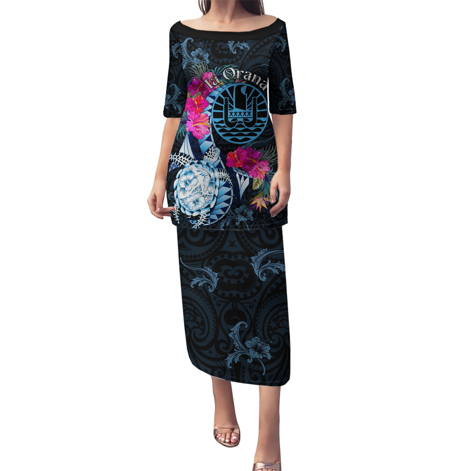 Tahiti Ia Orana Puletasi Polynesian Turtle With Coat Of Arms LT05 Long Dress Blue - Polynesian Pride