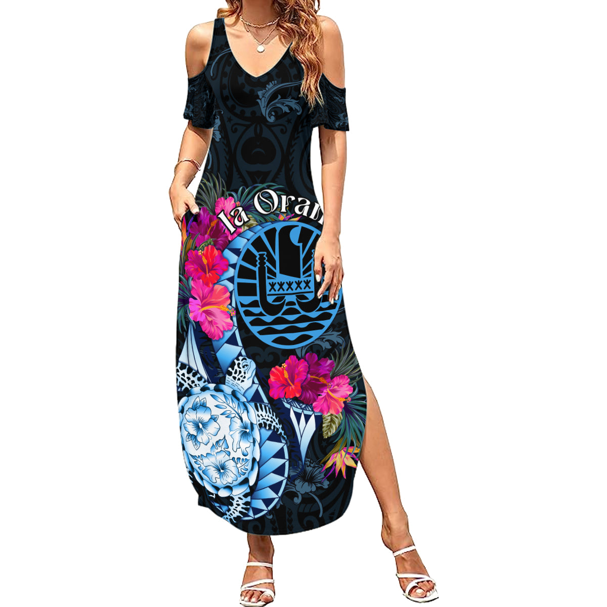 Tahiti Ia Orana Summer Maxi Dress Polynesian Turtle With Coat Of Arms LT05 Women Blue - Polynesian Pride