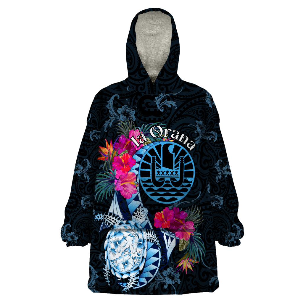 Tahiti Ia Orana Wearable Blanket Hoodie Polynesian Turtle With Coat Of Arms LT05 One Size Blue - Polynesian Pride