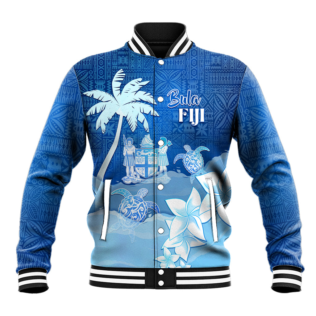 Personalised Bula Fiji Baseball Jacket Fijian Masi Pattern With Blue Coat Of Arms LT05 Unisex Blue - Polynesian Pride
