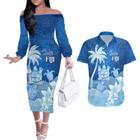 Personalised Bula Fiji Couples Matching Off The Shoulder Long Sleeve Dress and Hawaiian Shirt Fijian Masi Pattern With Blue Coat Of Arms LT05 Blue - Polynesian Pride