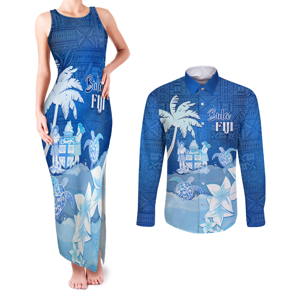 Personalised Bula Fiji Couples Matching Tank Maxi Dress and Long Sleeve Button Shirt Fijian Masi Pattern With Blue Coat Of Arms LT05 Blue - Polynesian Pride