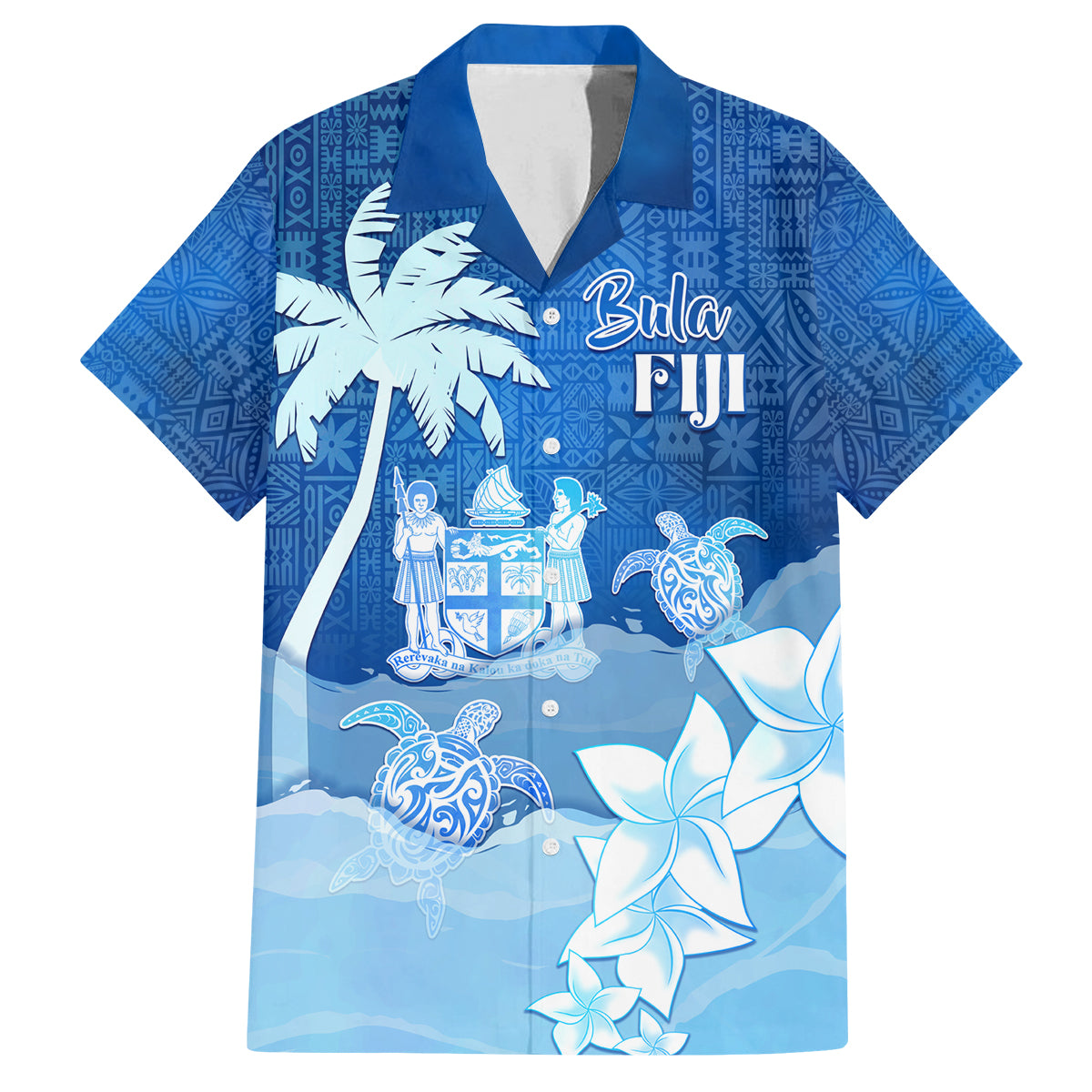 Personalised Bula Fiji Family Matching Long Sleeve Bodycon Dress and Hawaiian Shirt Fijian Masi Pattern With Blue Coat Of Arms LT05 Dad's Shirt - Short Sleeve Blue - Polynesian Pride