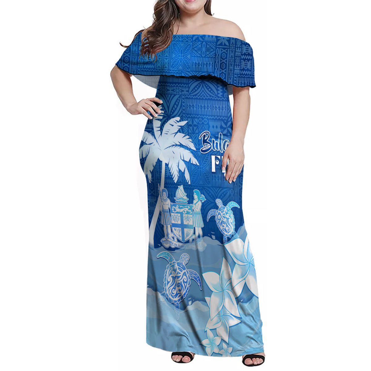 Personalised Bula Fiji Family Matching Off Shoulder Maxi Dress and Hawaiian Shirt Fijian Masi Pattern With Blue Coat Of Arms LT05 Mom's Dress Blue - Polynesian Pride