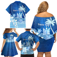 Personalised Bula Fiji Family Matching Off Shoulder Short Dress and Hawaiian Shirt Fijian Masi Pattern With Blue Coat Of Arms LT05 - Polynesian Pride