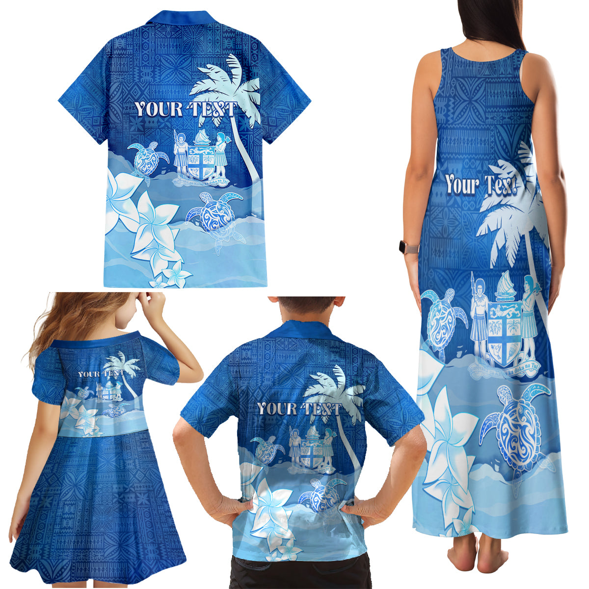 Personalised Bula Fiji Family Matching Tank Maxi Dress and Hawaiian Shirt Fijian Masi Pattern With Blue Coat Of Arms LT05 - Polynesian Pride