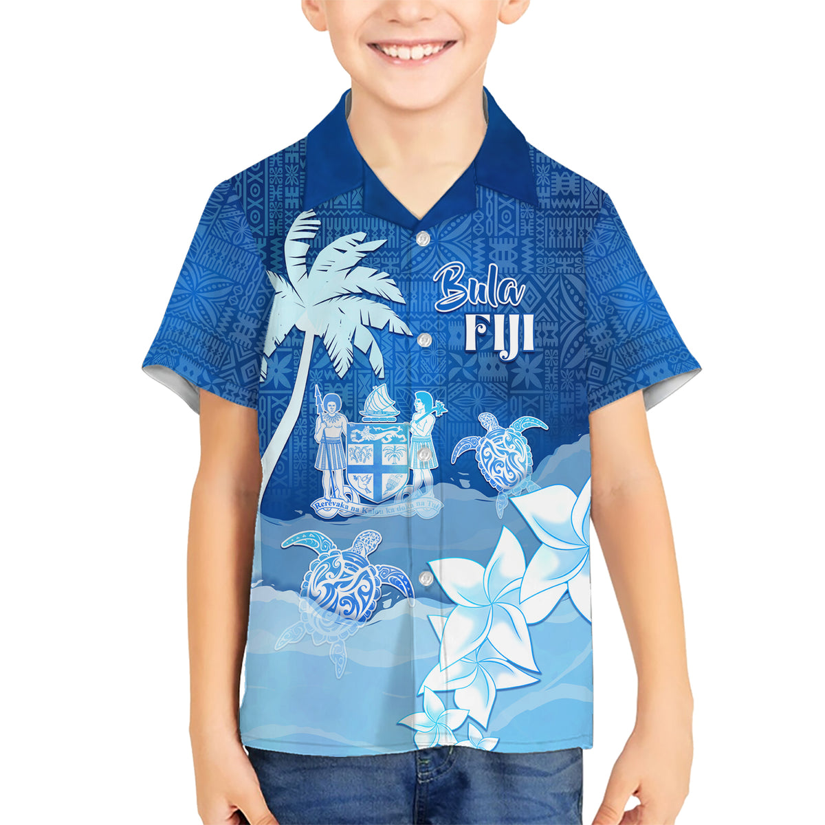 Personalised Bula Fiji Kid Hawaiian Shirt Fijian Masi Pattern With Blue Coat Of Arms LT05 Kid Blue - Polynesian Pride
