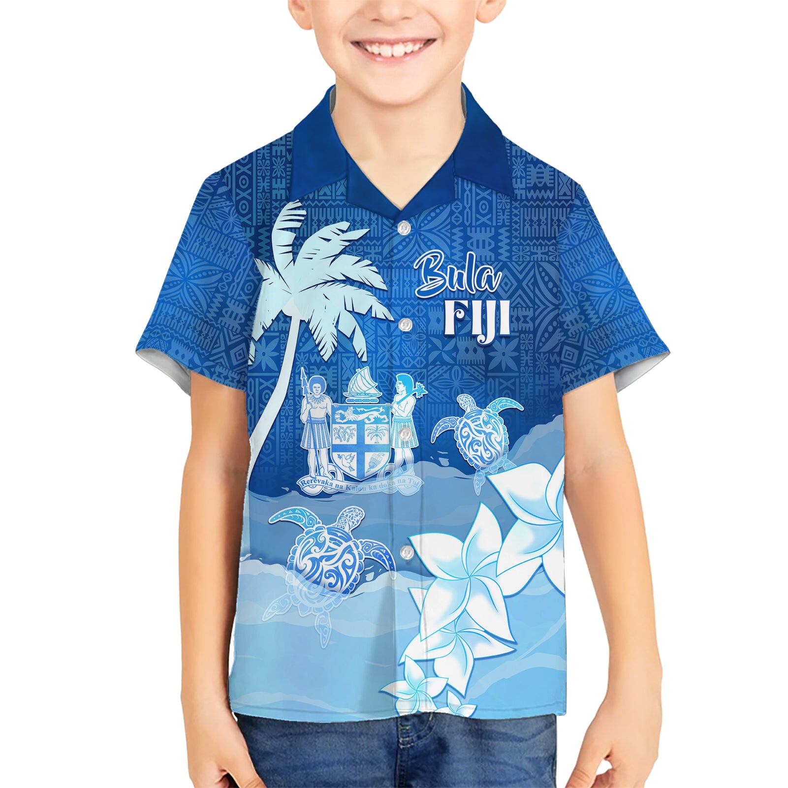 Personalised Bula Fiji Kid Hawaiian Shirt Fijian Masi Pattern With Blue Coat Of Arms LT05 Kid Blue - Polynesian Pride