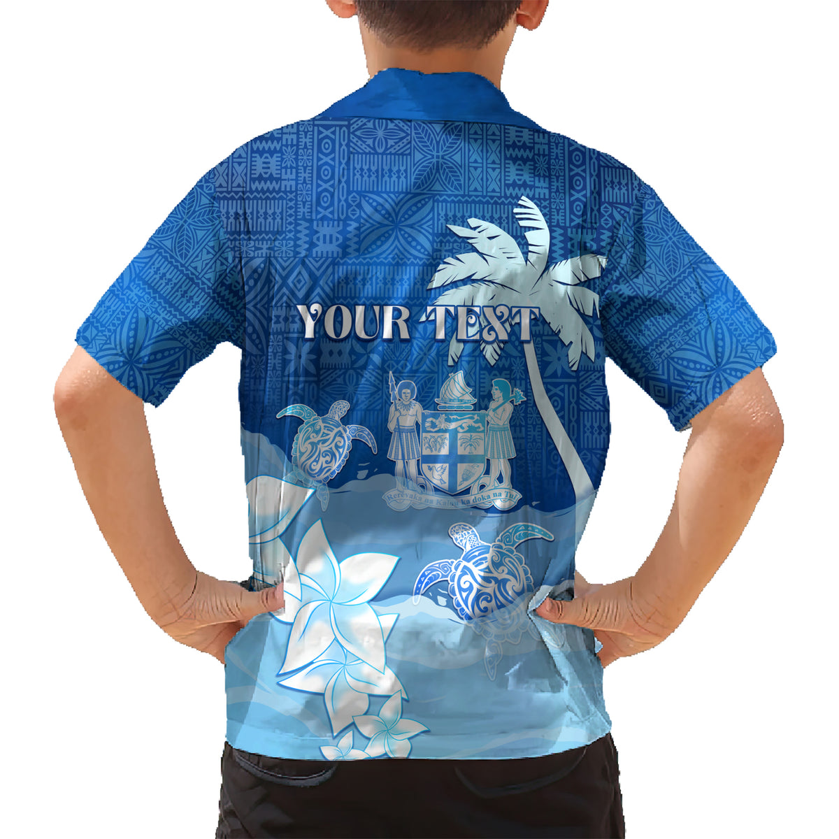 Personalised Bula Fiji Kid Hawaiian Shirt Fijian Masi Pattern With Blue Coat Of Arms LT05 - Polynesian Pride