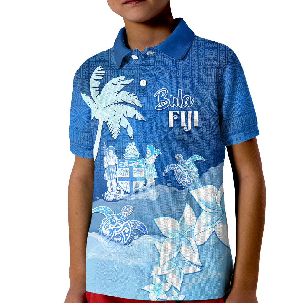 Personalised Bula Fiji Kid Polo Shirt Fijian Masi Pattern With Blue Coat Of Arms LT05 Kid Blue - Polynesian Pride