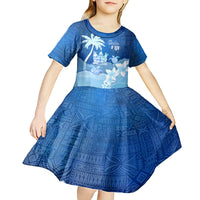 Personalised Bula Fiji Kid Short Sleeve Dress Fijian Masi Pattern With Blue Coat Of Arms LT05 - Polynesian Pride