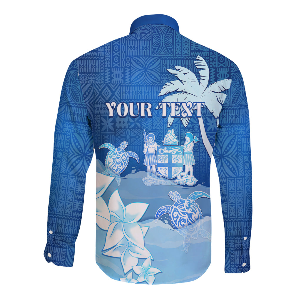 Personalised Bula Fiji Long Sleeve Button Shirt Fijian Masi Pattern With Blue Coat Of Arms LT05 - Polynesian Pride