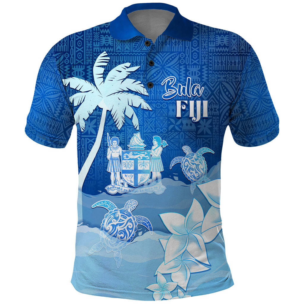 Personalised Bula Fiji Polo Shirt Fijian Masi Pattern With Blue Coat Of Arms LT05 Blue - Polynesian Pride