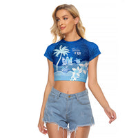 Personalised Bula Fiji Raglan Cropped T Shirt Fijian Masi Pattern With Blue Coat Of Arms LT05 Female Blue - Polynesian Pride