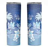 Bula Fiji Skinny Tumbler Fijian Masi Pattern With Blue Coat Of Arms