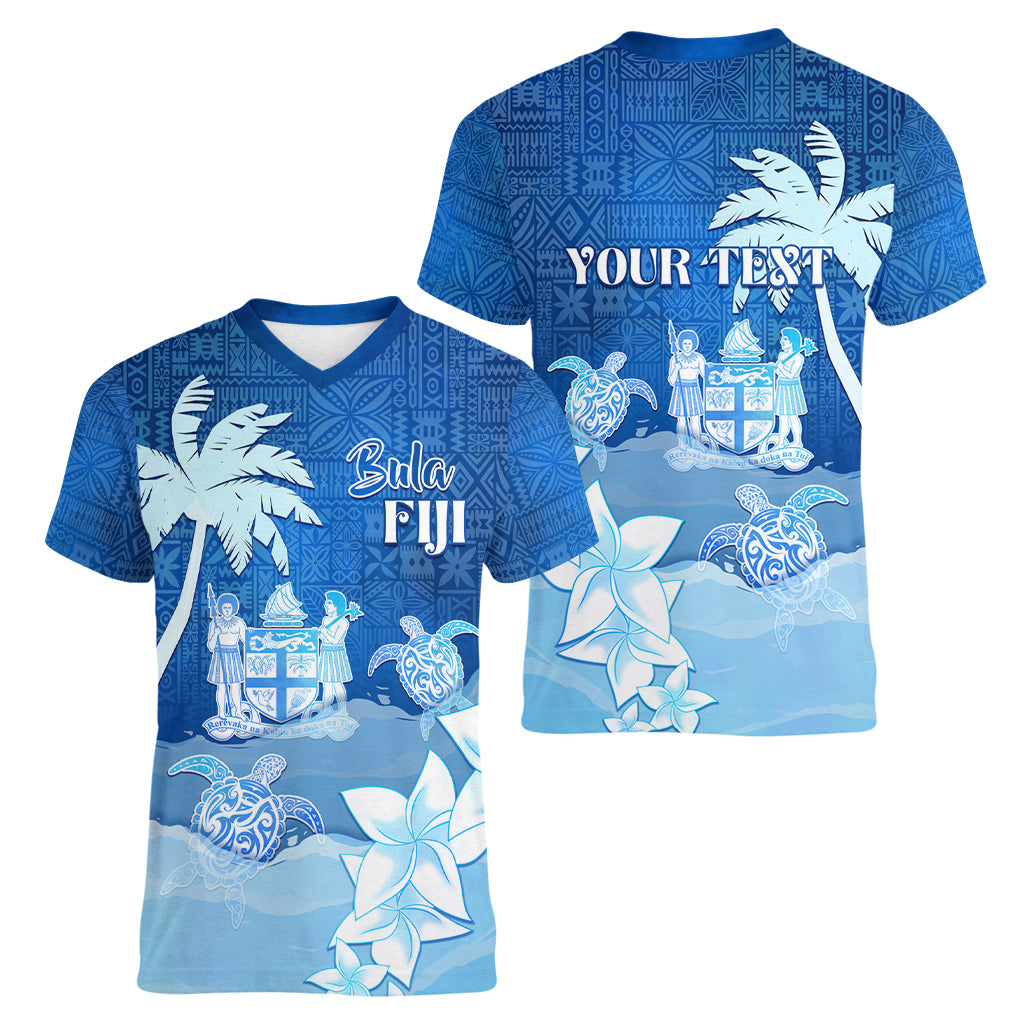 Personalised Bula Fiji Women V Neck T Shirt Fijian Masi Pattern With Blue Coat Of Arms LT05 - Polynesian Pride