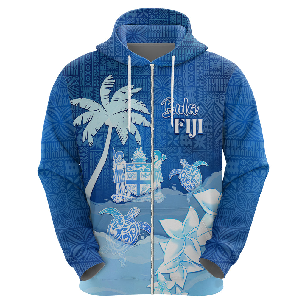 Personalised Bula Fiji Zip Hoodie Fijian Masi Pattern With Blue Coat Of Arms LT05 - Polynesian Pride
