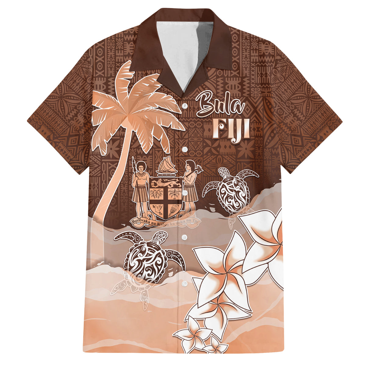 Personalised Bula Fiji Family Matching Long Sleeve Bodycon Dress and Hawaiian Shirt Fijian Masi Pattern With Brown Coat Of Arms LT05 Dad's Shirt - Short Sleeve Brown - Polynesian Pride