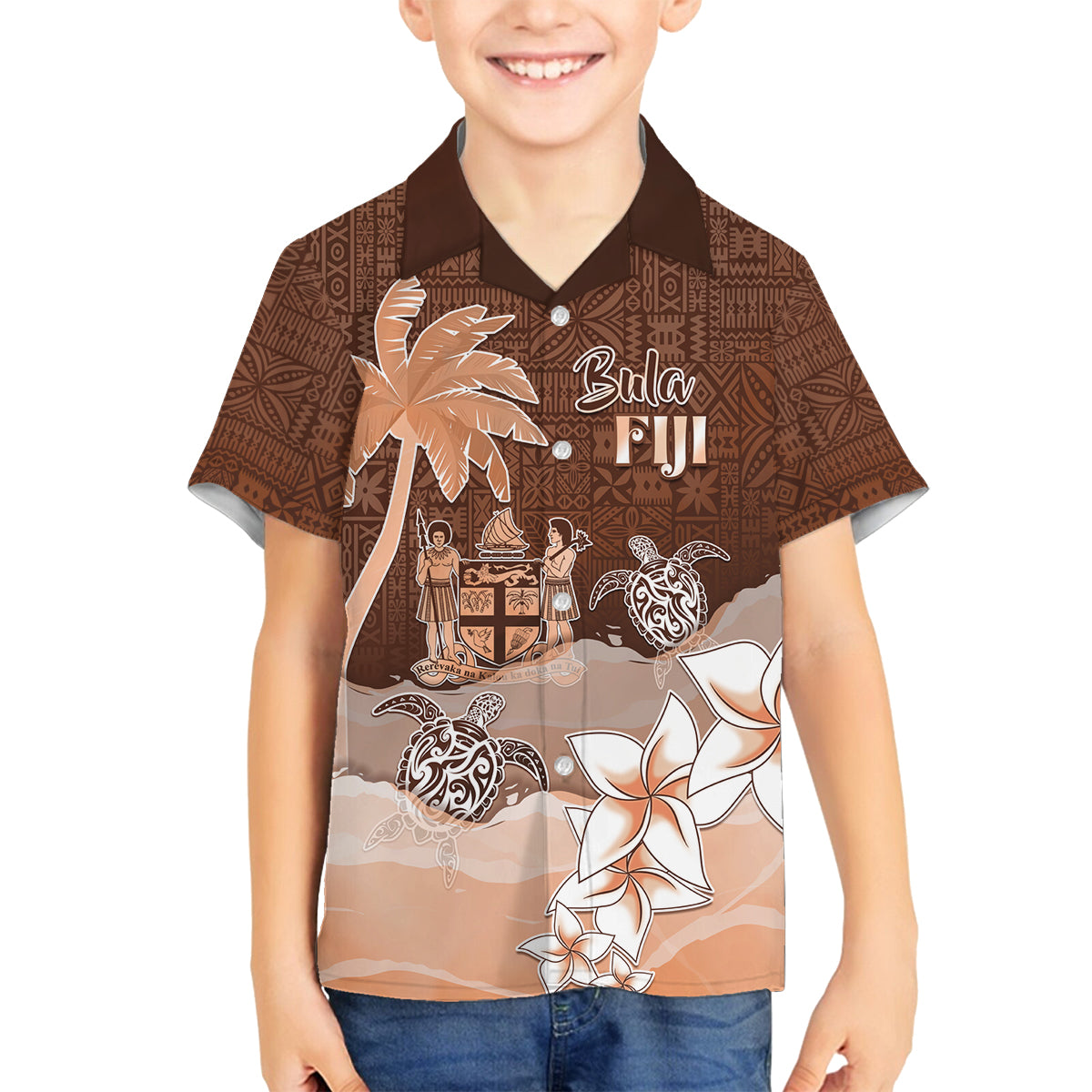 Personalised Bula Fiji Family Matching Long Sleeve Bodycon Dress and Hawaiian Shirt Fijian Masi Pattern With Brown Coat Of Arms LT05 Son's Shirt Brown - Polynesian Pride