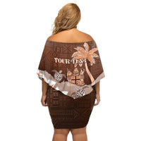 Personalised Bula Fiji Family Matching Off Shoulder Short Dress and Hawaiian Shirt Fijian Masi Pattern With Brown Coat Of Arms LT05 - Polynesian Pride