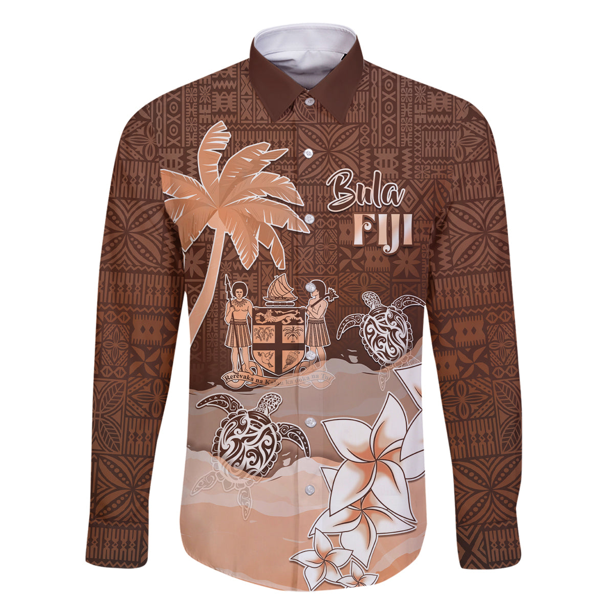 Personalised Bula Fiji Family Matching Tank Maxi Dress and Hawaiian Shirt Fijian Masi Pattern With Brown Coat Of Arms LT05 Dad's Shirt - Long Sleeve Brown - Polynesian Pride